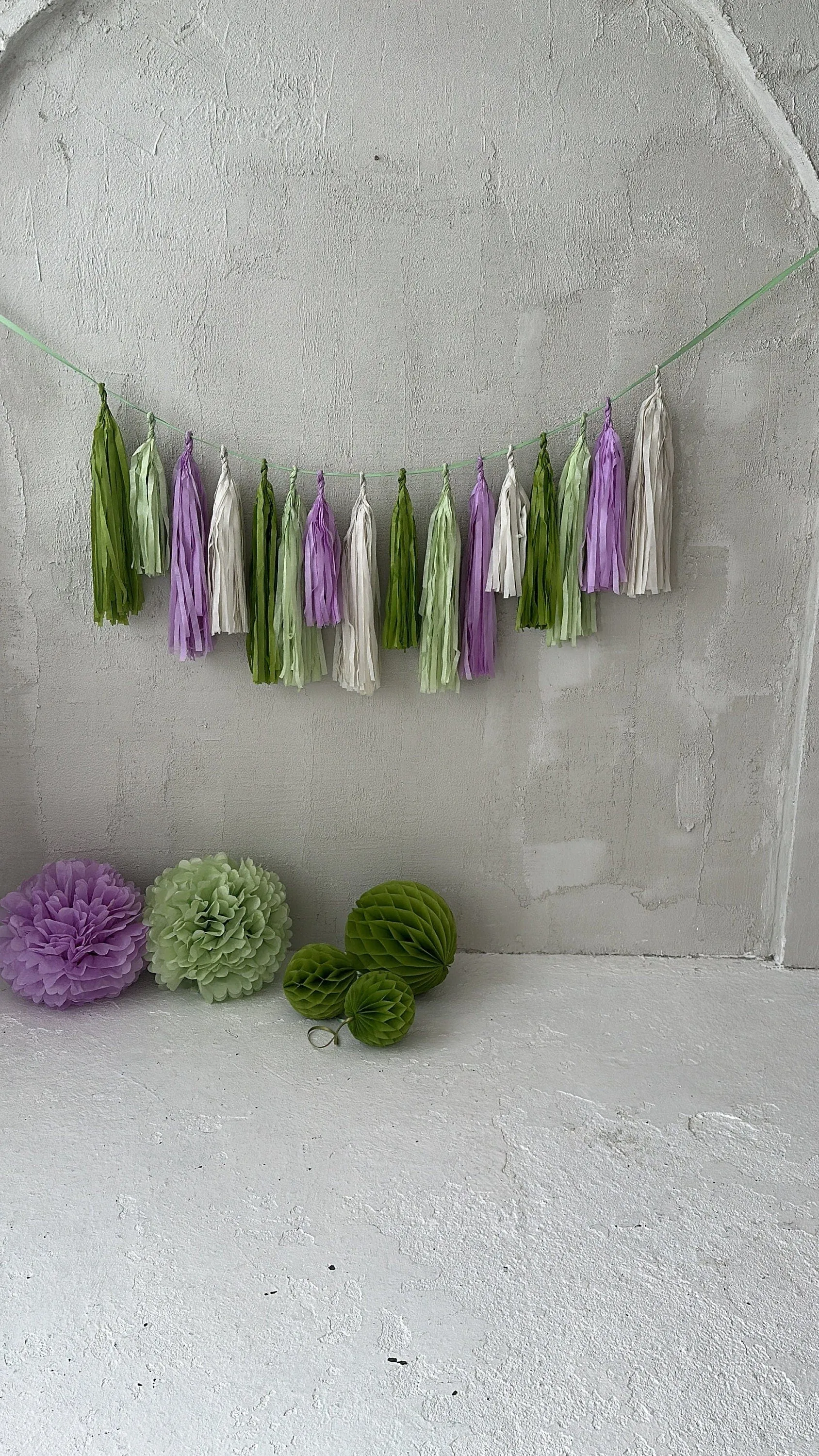 Green and lilac Paper Tassel Garland finge bunting Birthday garland paper decorations Fringe garland baby shower bridal shower balloon tail