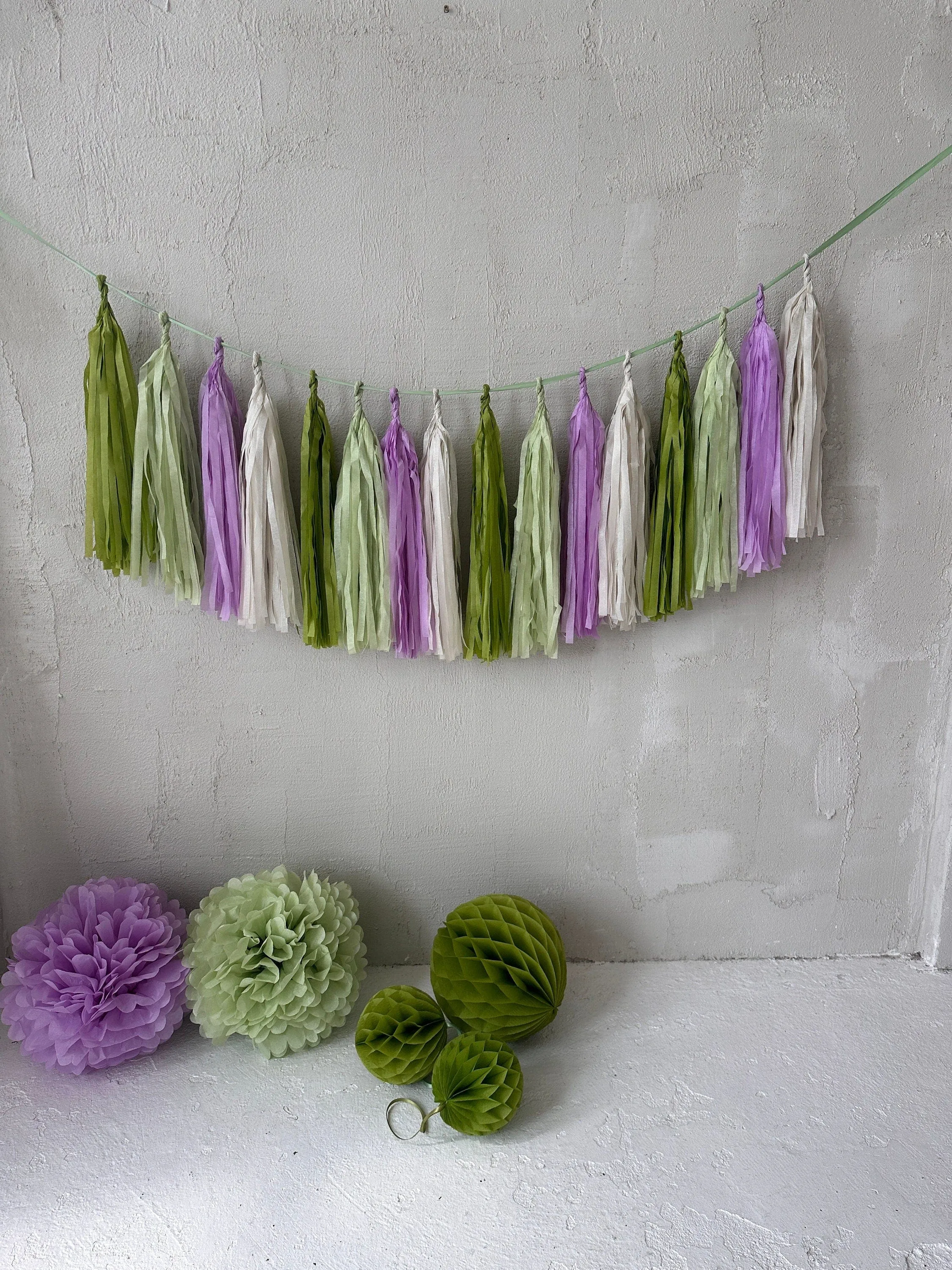 Green and lilac Paper Tassel Garland finge bunting Birthday garland paper decorations Fringe garland baby shower bridal shower balloon tail