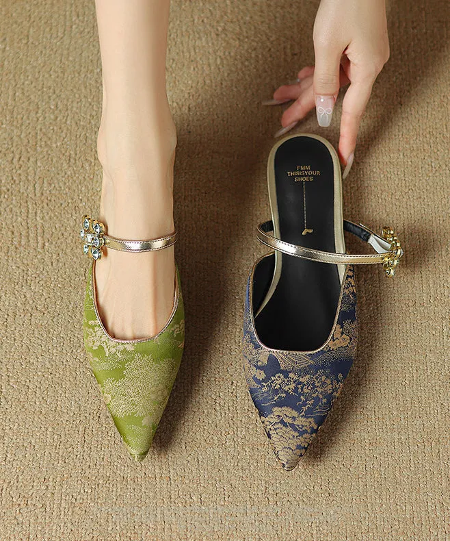 Green Chinese Style Splicing Zircon Slide Sandals Pointed Toe WT001