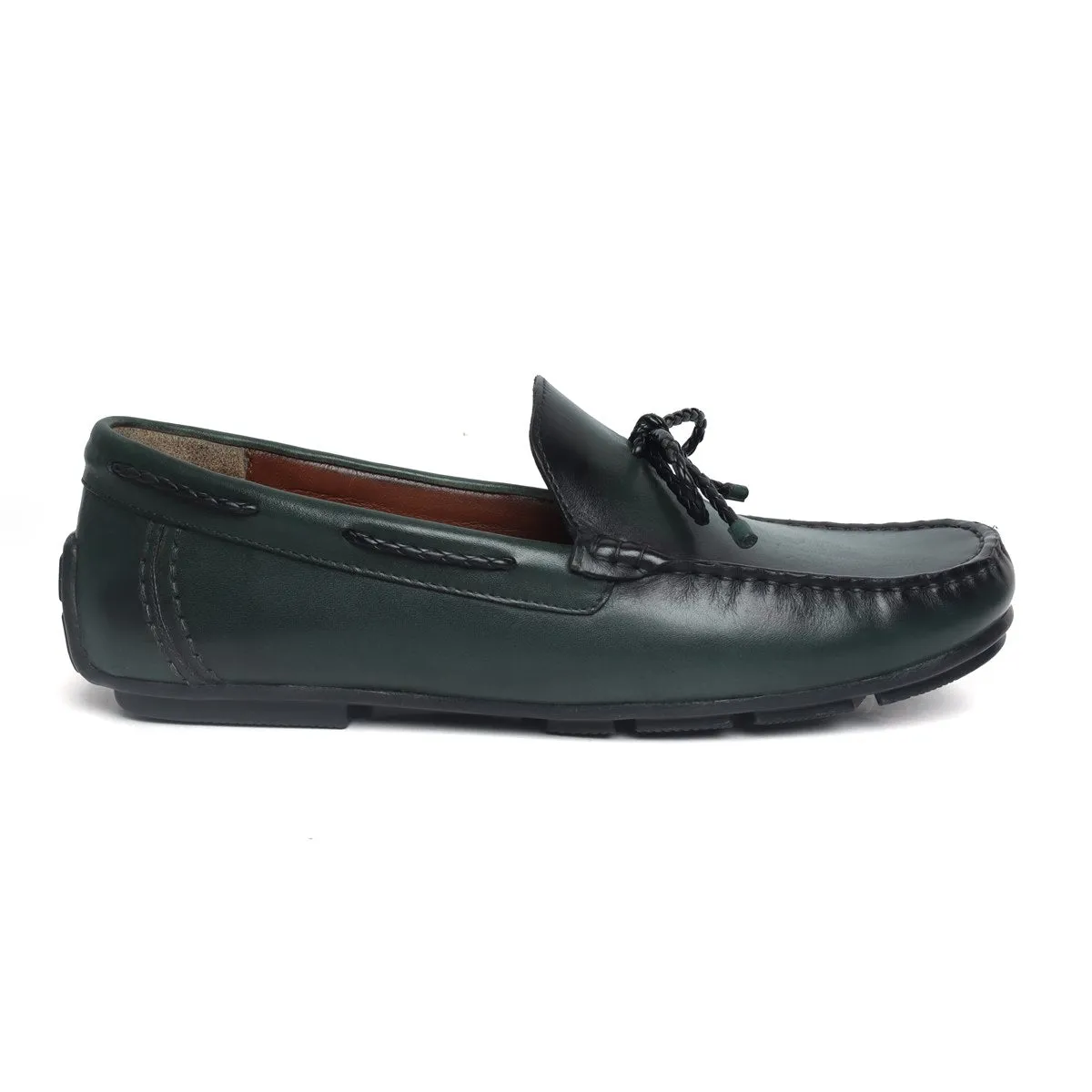 Green Leather Tassel Bow Loafers