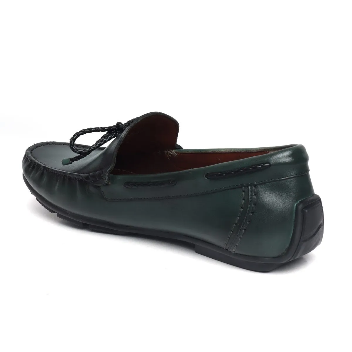 Green Leather Tassel Bow Loafers