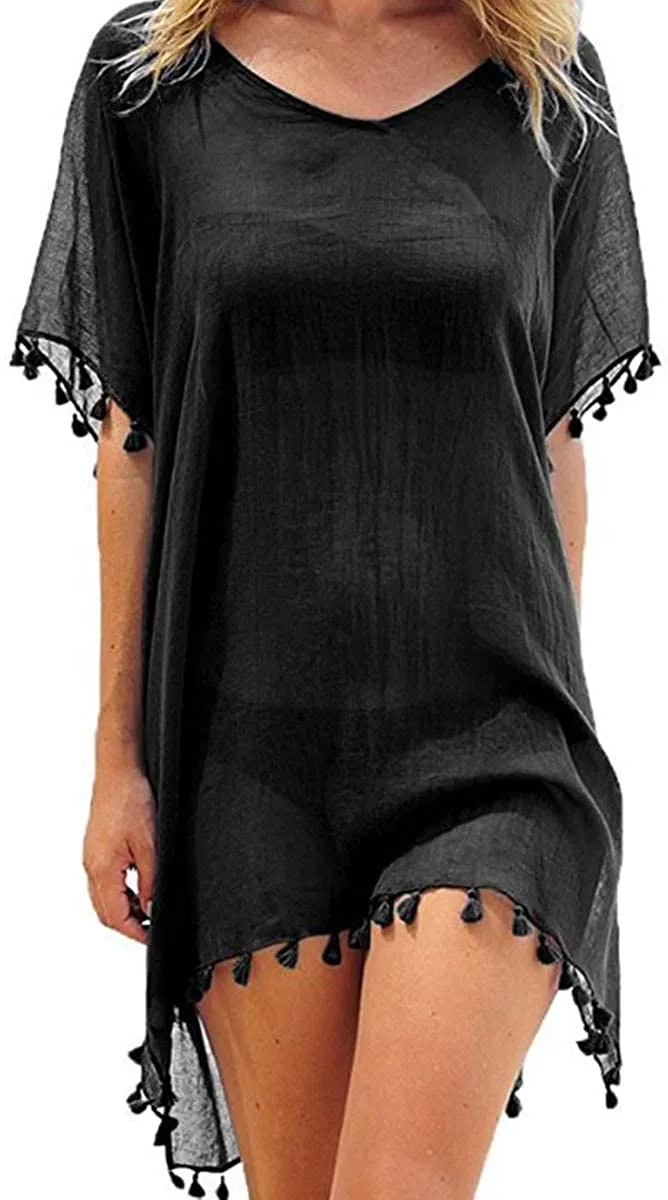 Haute Edition Women's Chiffon Beach Swim Cover Up with Tassels