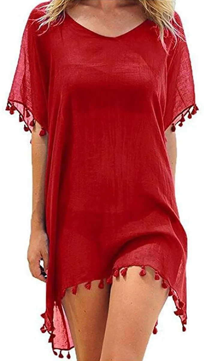 Haute Edition Women's Chiffon Beach Swim Cover Up with Tassels