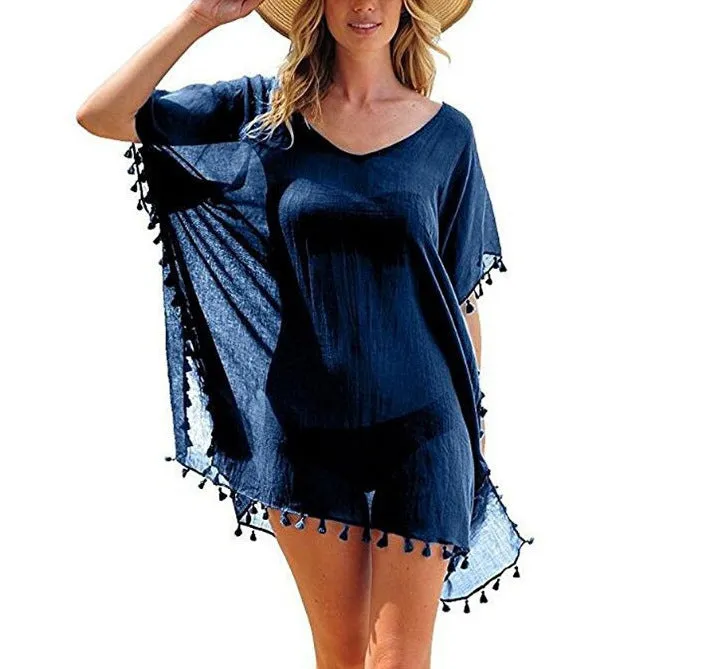 Haute Edition Women's Chiffon Beach Swim Cover Up with Tassels