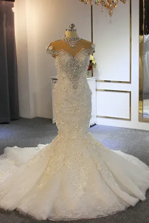 High Neck Crystal Tulle Floor-Length Mermaid Wedding Dress with Lace Appliques