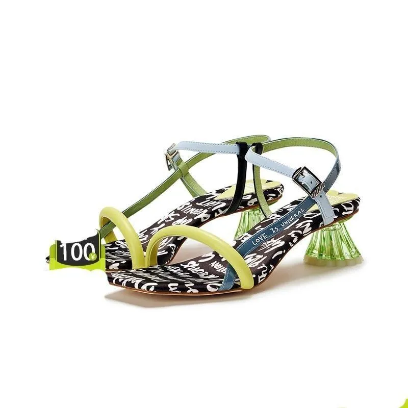 HOA street fashion quirky letter jelly  Graffiti crystal heeled summer sandals - Sulu