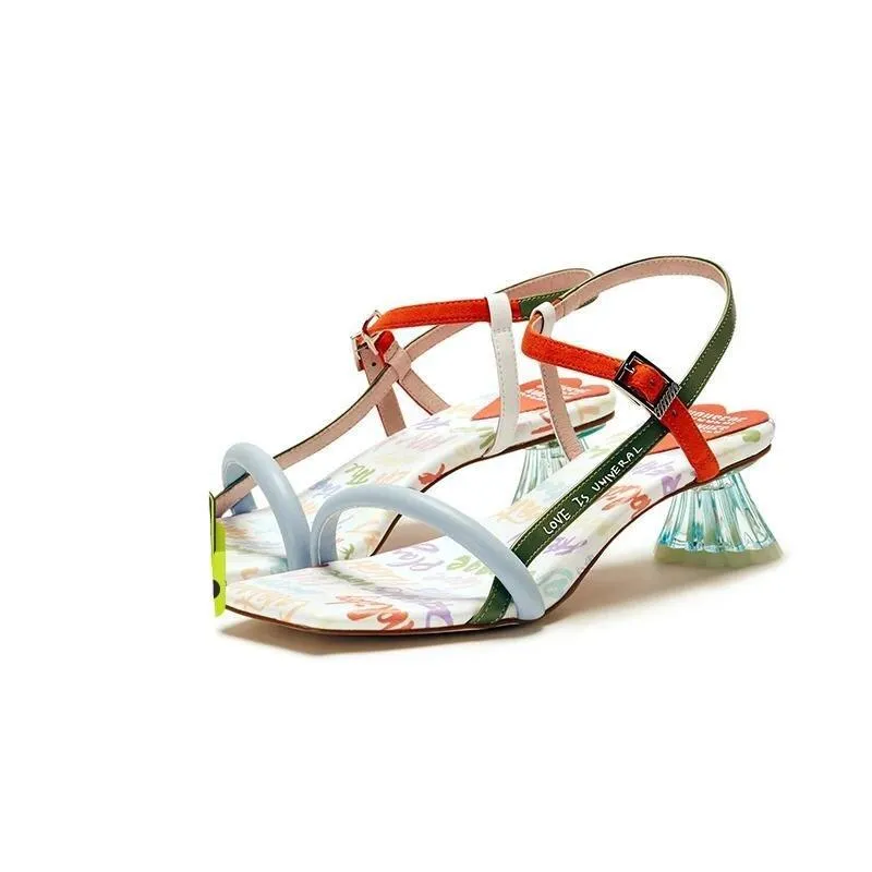 HOA street fashion quirky letter jelly  Graffiti crystal heeled summer sandals - Sulu