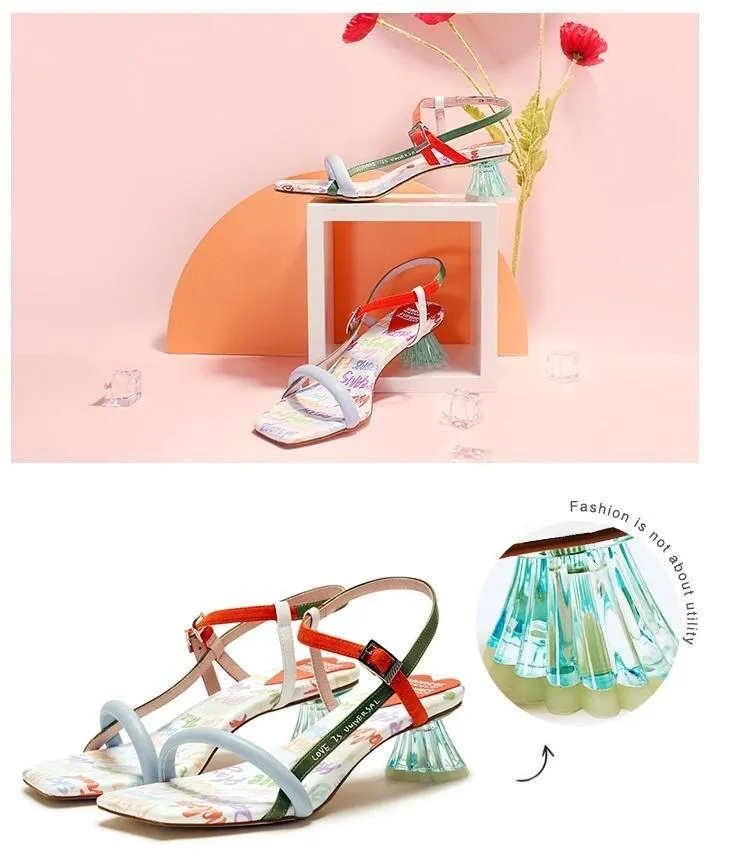 HOA street fashion quirky letter jelly  Graffiti crystal heeled summer sandals - Sulu