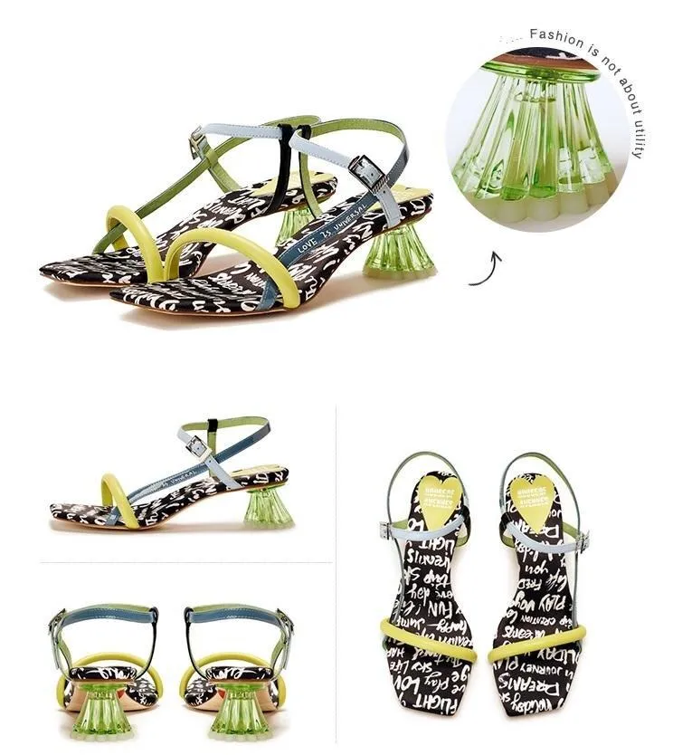 HOA street fashion quirky letter jelly  Graffiti crystal heeled summer sandals - Sulu