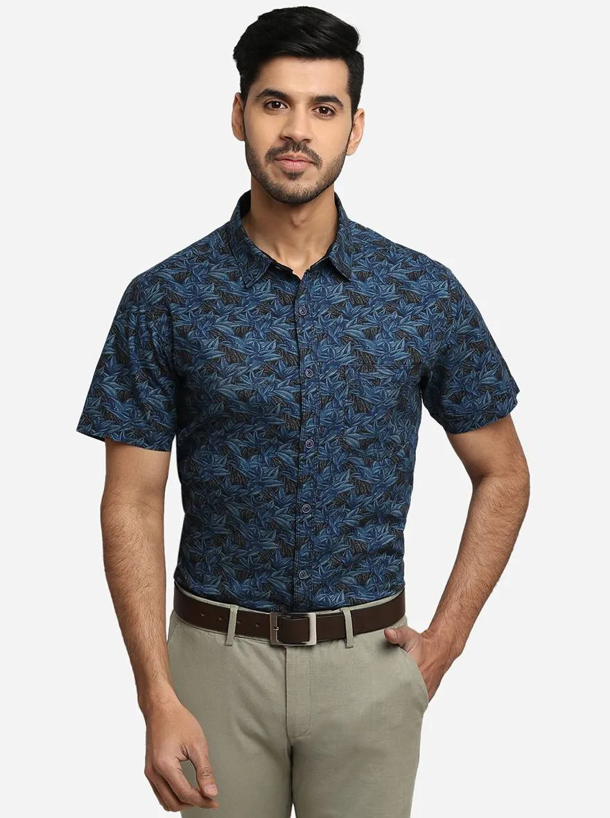 Ink Blue Printed Slim Fit Semi Casual Shirt | Greenfibre