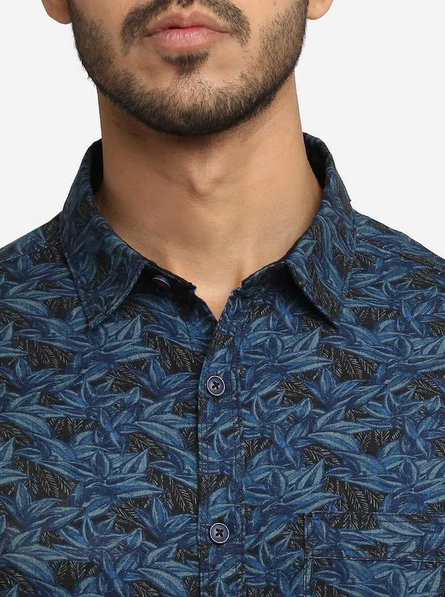 Ink Blue Printed Slim Fit Semi Casual Shirt | Greenfibre