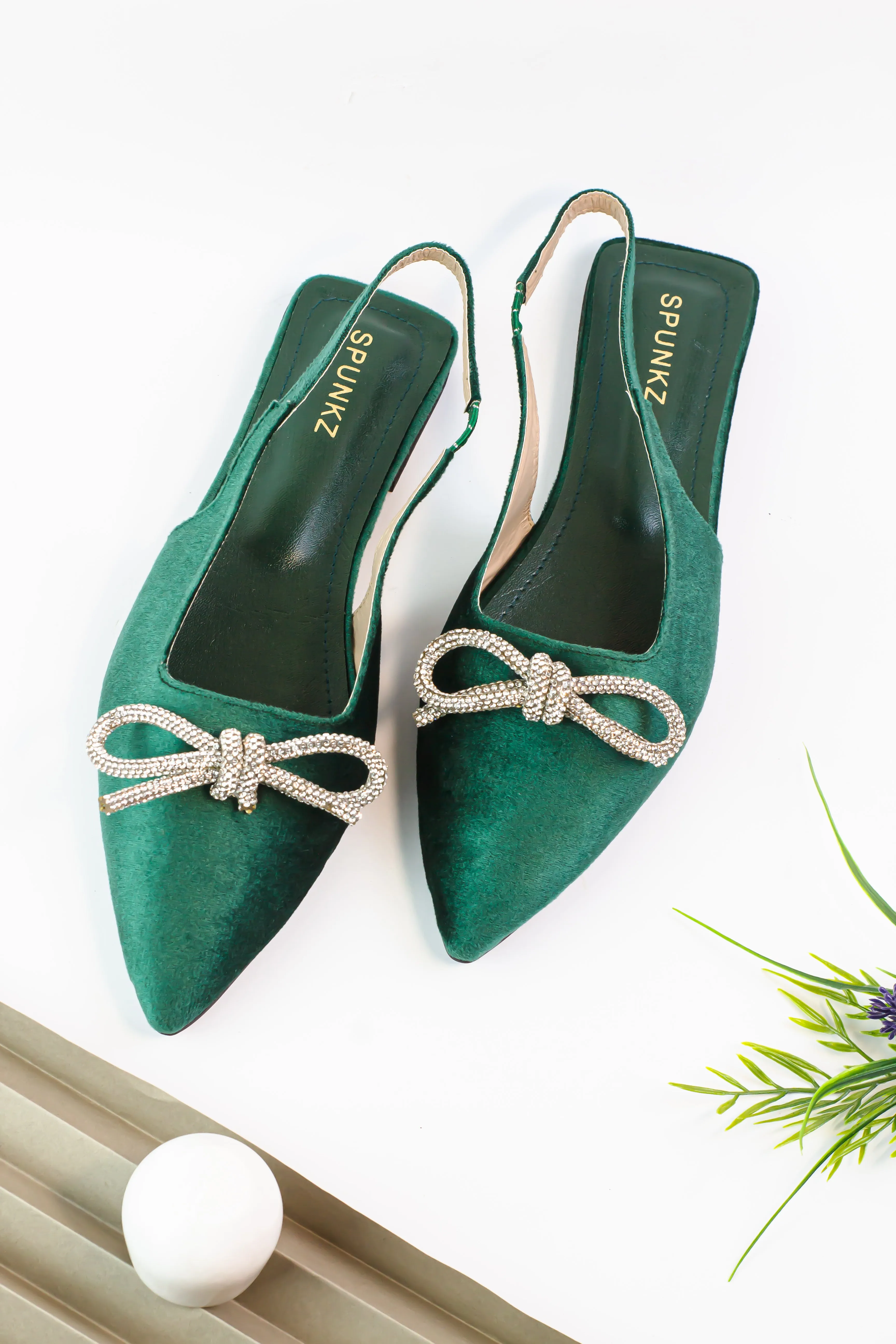 Jadie Meshbow Green Velvet Slingback Flats