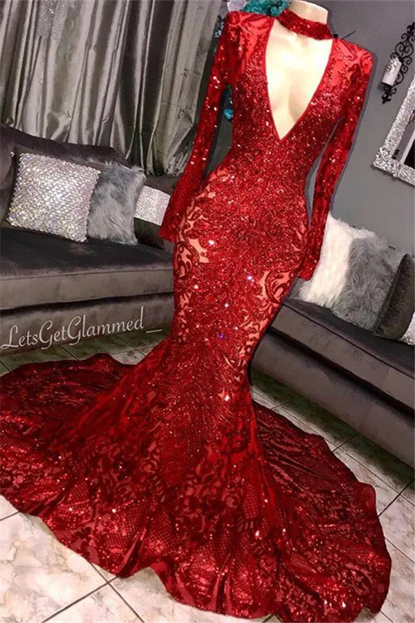 kamahe Gorgeous Mermaid Long Sleevess Deep V-neck Lace Applique Prom Dresses