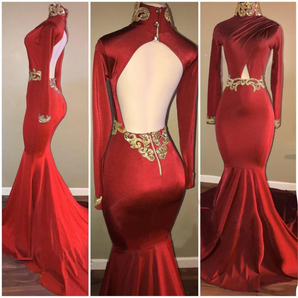 kamahe Long Sleevess High Neck Hollow Back Mermaid Prom Dresses