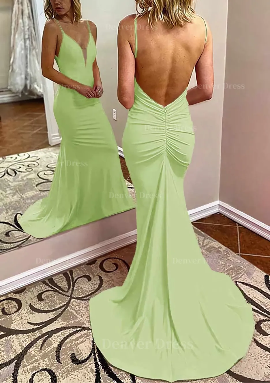 kamahe Trumpet/Mermaid V Neck Spaghetti Straps Court Train Jersey Prom Dress With Pleated