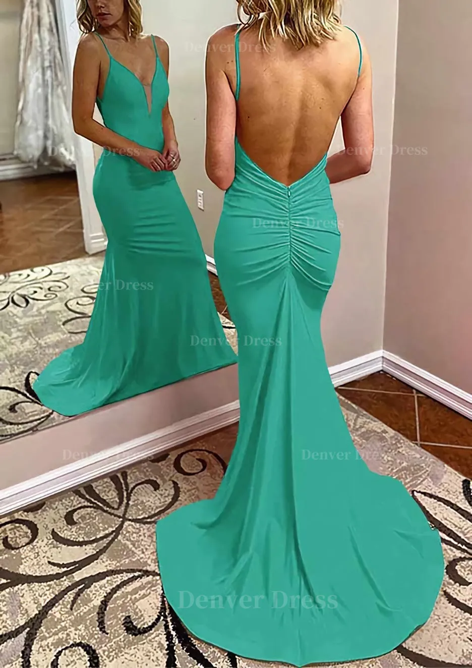 kamahe Trumpet/Mermaid V Neck Spaghetti Straps Court Train Jersey Prom Dress With Pleated