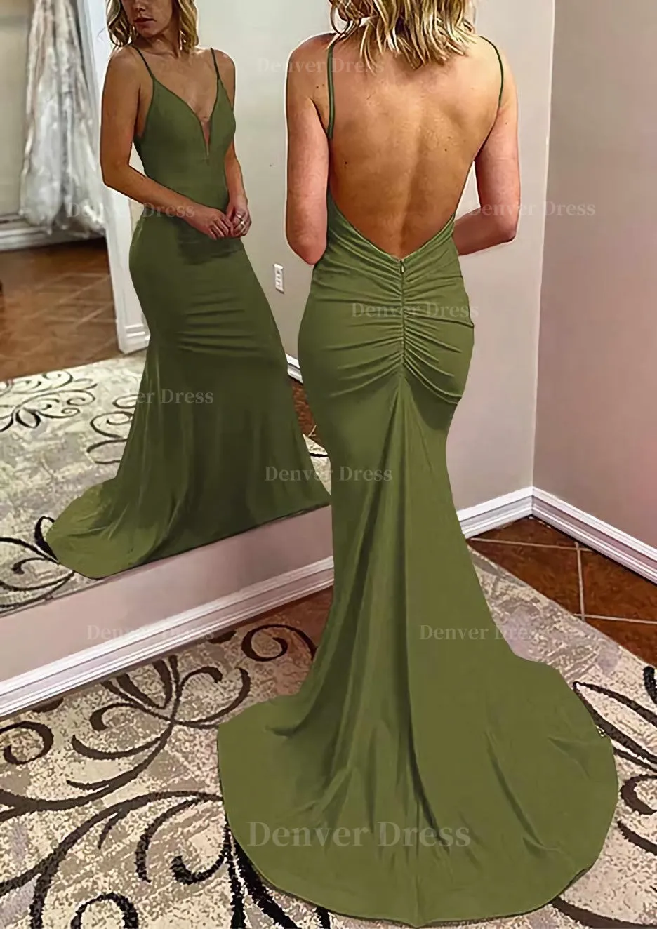 kamahe Trumpet/Mermaid V Neck Spaghetti Straps Court Train Jersey Prom Dress With Pleated