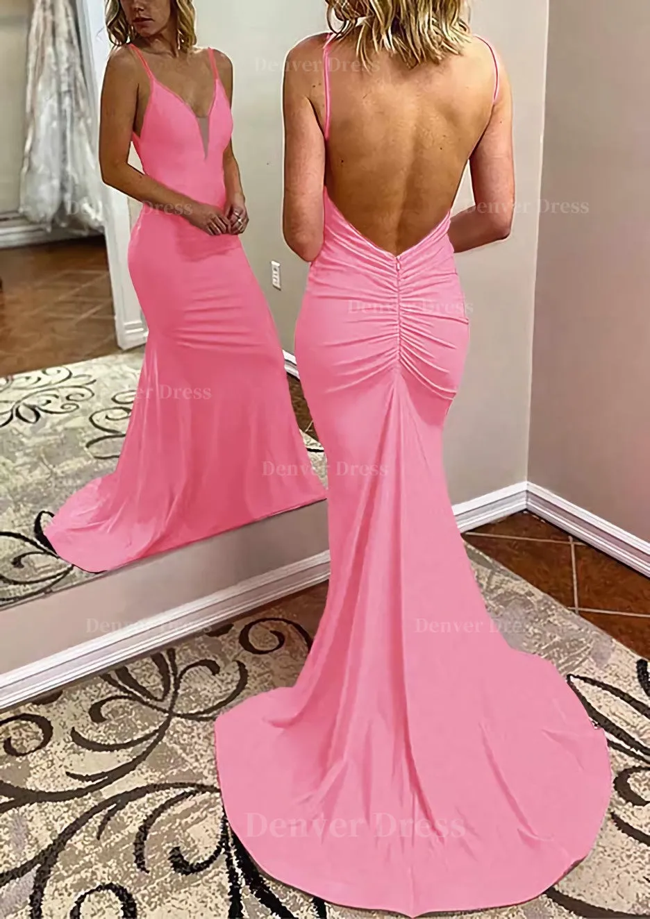 kamahe Trumpet/Mermaid V Neck Spaghetti Straps Court Train Jersey Prom Dress With Pleated