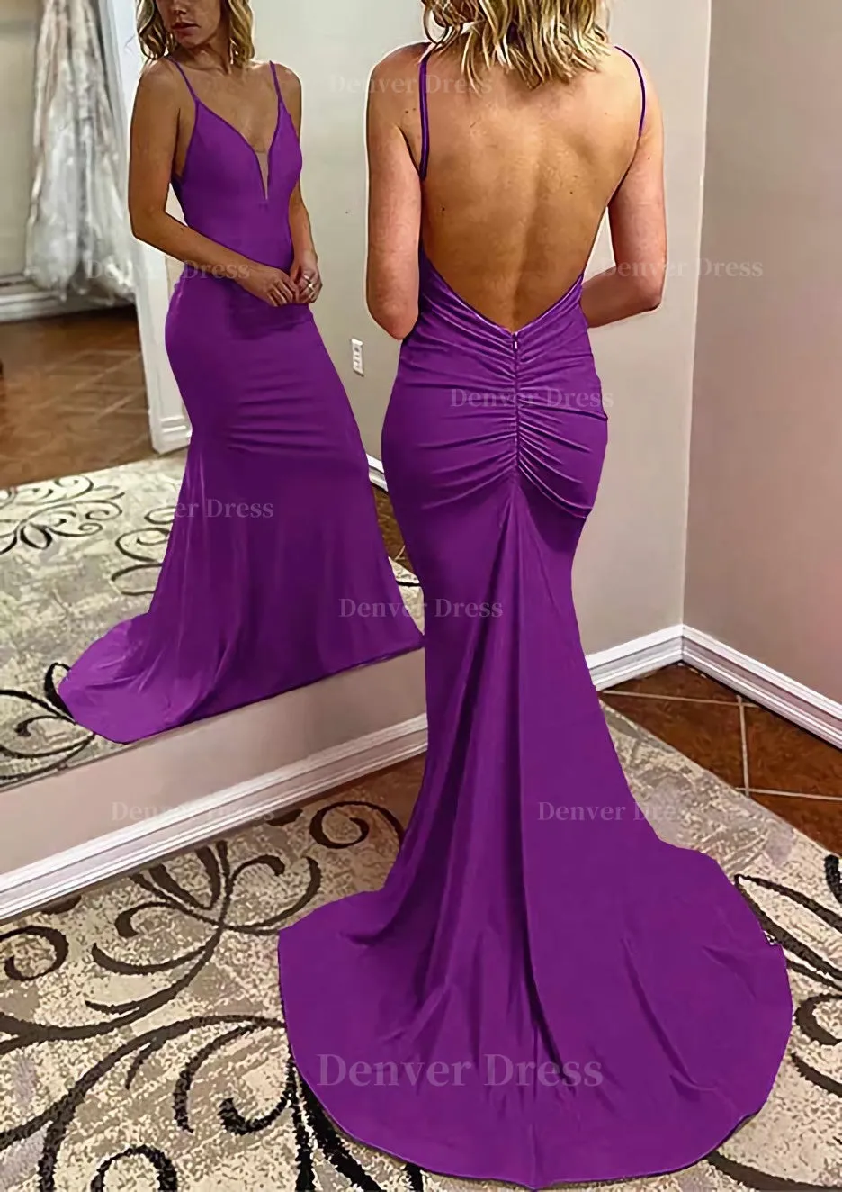 kamahe Trumpet/Mermaid V Neck Spaghetti Straps Court Train Jersey Prom Dress With Pleated