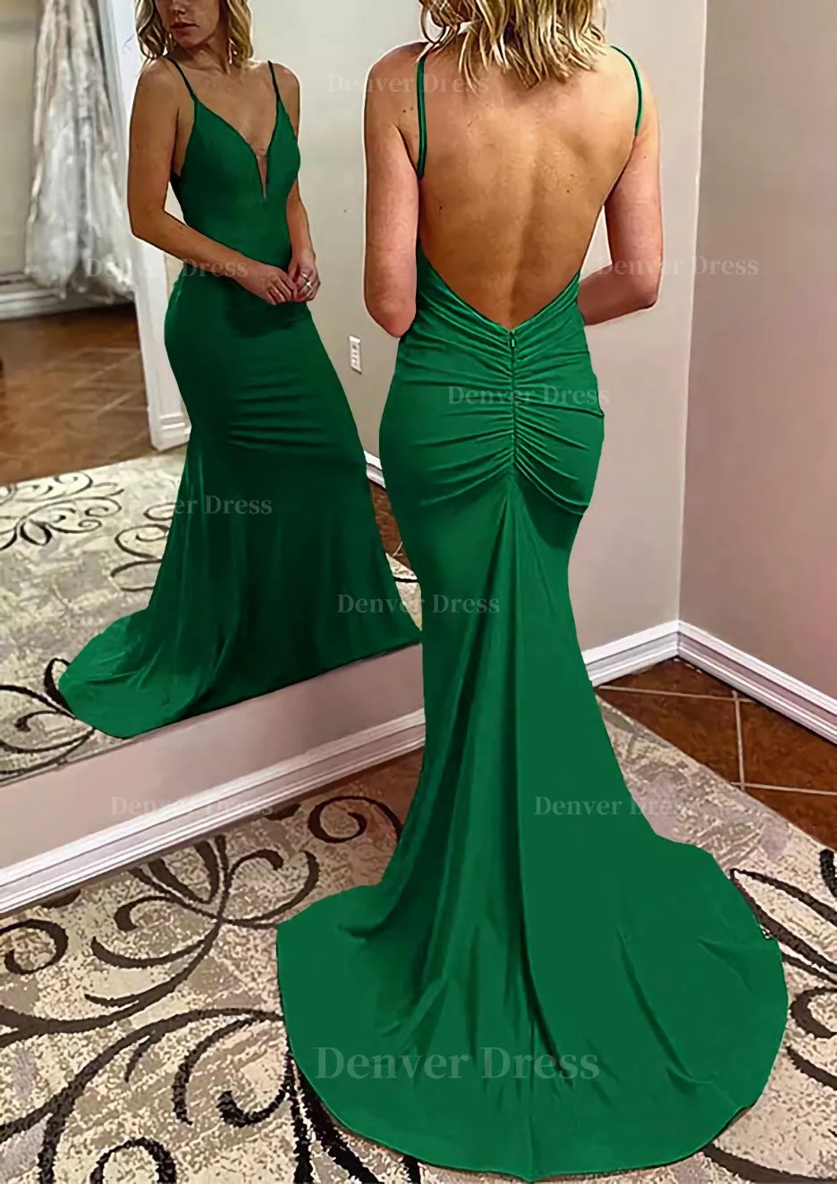 kamahe Trumpet/Mermaid V Neck Spaghetti Straps Court Train Jersey Prom Dress With Pleated