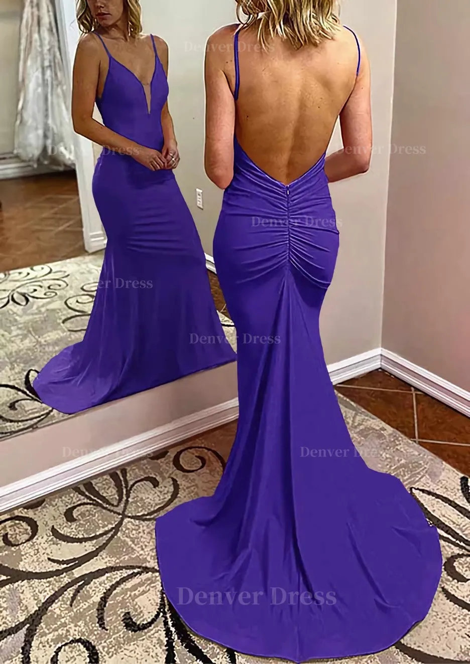 kamahe Trumpet/Mermaid V Neck Spaghetti Straps Court Train Jersey Prom Dress With Pleated