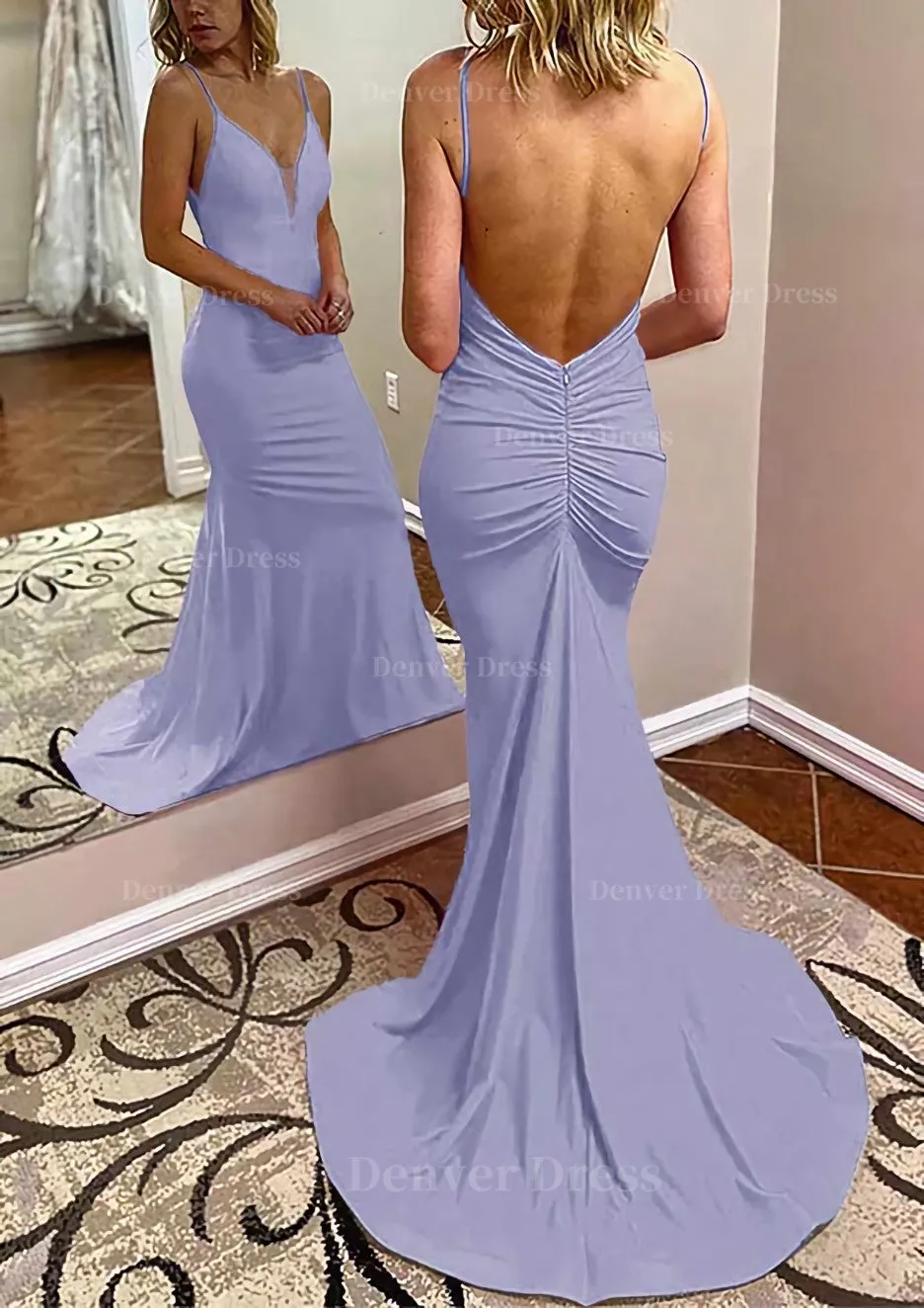 kamahe Trumpet/Mermaid V Neck Spaghetti Straps Court Train Jersey Prom Dress With Pleated