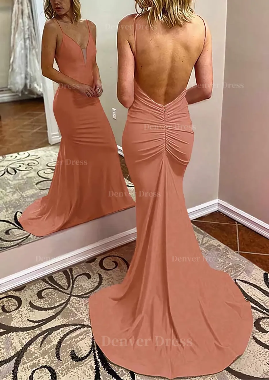 kamahe Trumpet/Mermaid V Neck Spaghetti Straps Court Train Jersey Prom Dress With Pleated