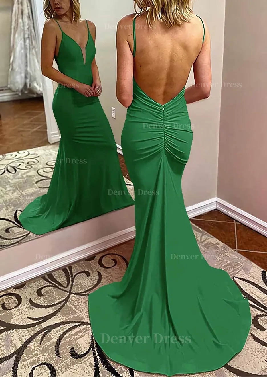 kamahe Trumpet/Mermaid V Neck Spaghetti Straps Court Train Jersey Prom Dress With Pleated