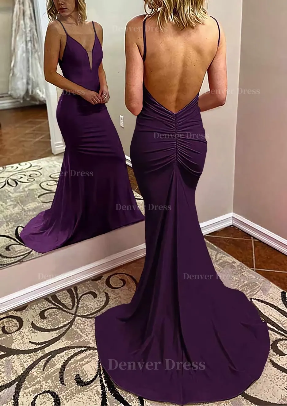 kamahe Trumpet/Mermaid V Neck Spaghetti Straps Court Train Jersey Prom Dress With Pleated