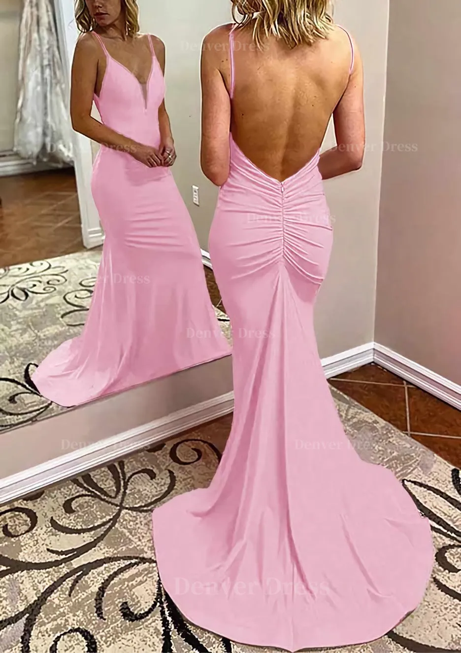 kamahe Trumpet/Mermaid V Neck Spaghetti Straps Court Train Jersey Prom Dress With Pleated