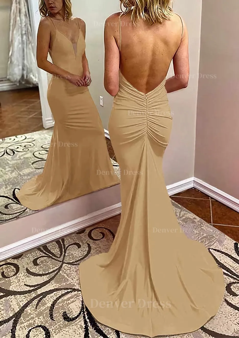 kamahe Trumpet/Mermaid V Neck Spaghetti Straps Court Train Jersey Prom Dress With Pleated