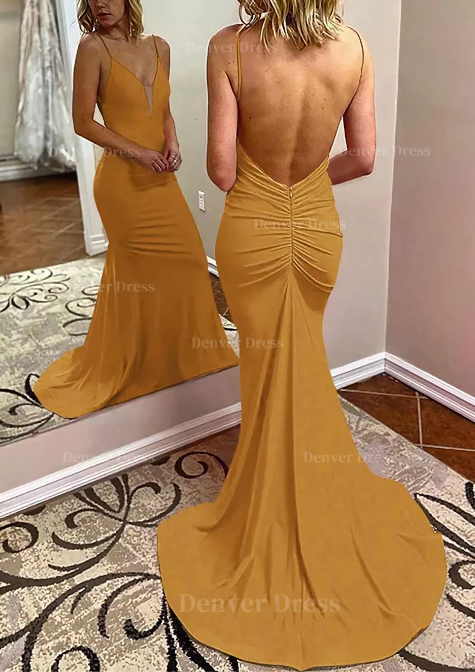 kamahe Trumpet/Mermaid V Neck Spaghetti Straps Court Train Jersey Prom Dress With Pleated