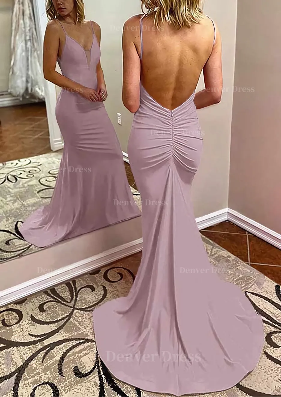 kamahe Trumpet/Mermaid V Neck Spaghetti Straps Court Train Jersey Prom Dress With Pleated