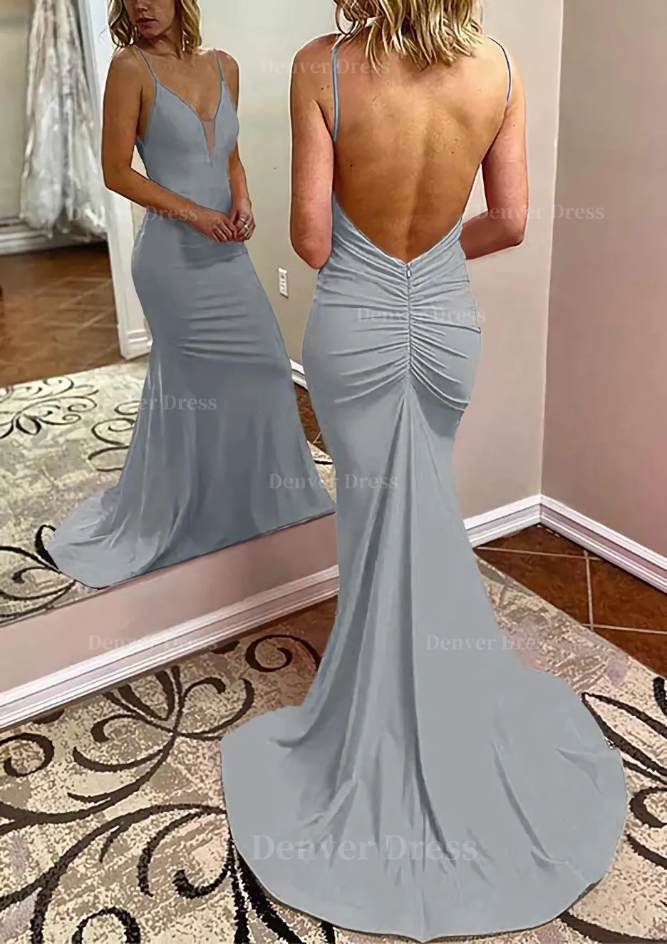 kamahe Trumpet/Mermaid V Neck Spaghetti Straps Court Train Jersey Prom Dress With Pleated