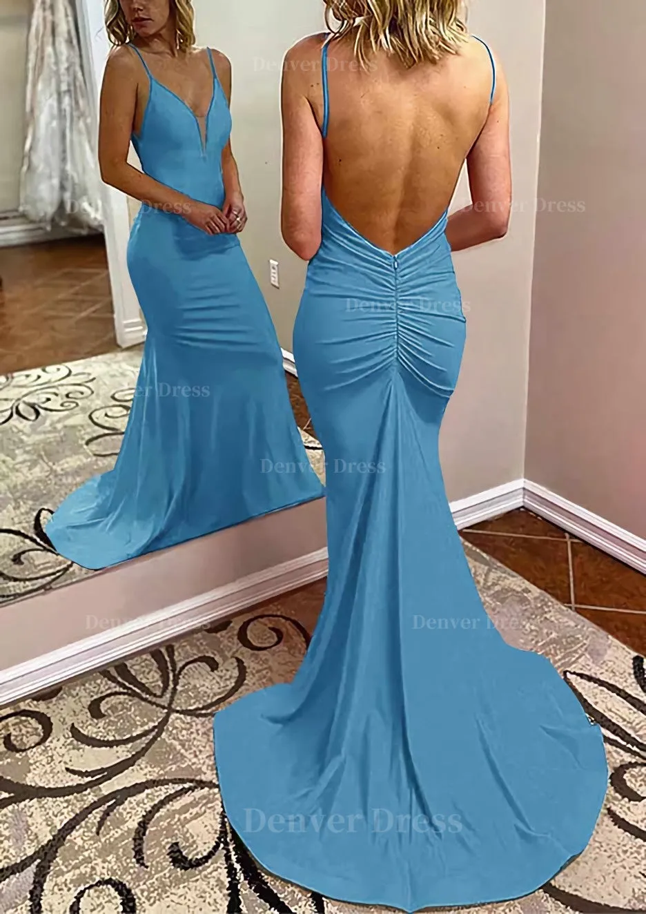 kamahe Trumpet/Mermaid V Neck Spaghetti Straps Court Train Jersey Prom Dress With Pleated