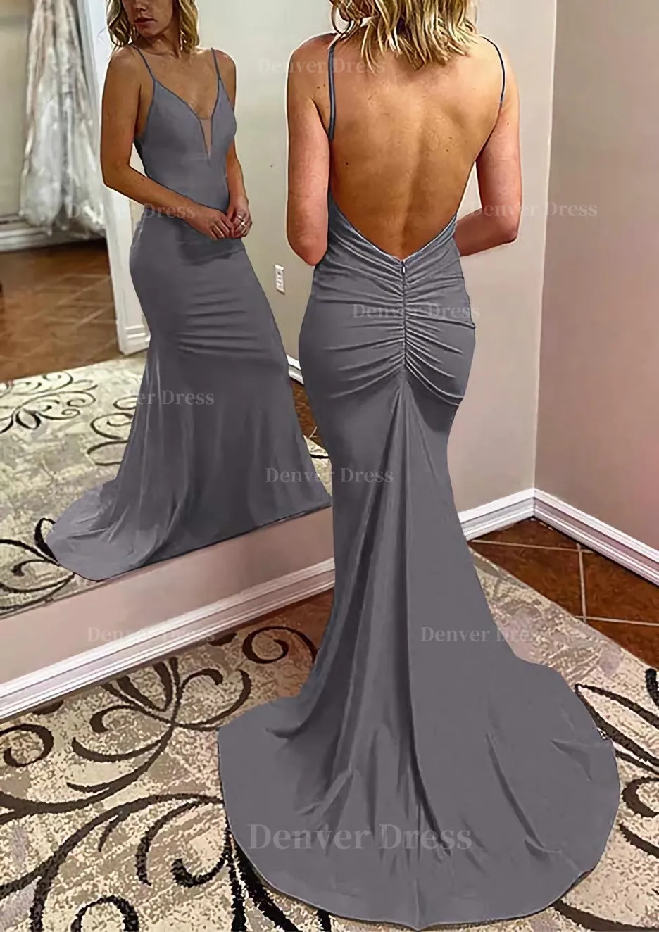 kamahe Trumpet/Mermaid V Neck Spaghetti Straps Court Train Jersey Prom Dress With Pleated