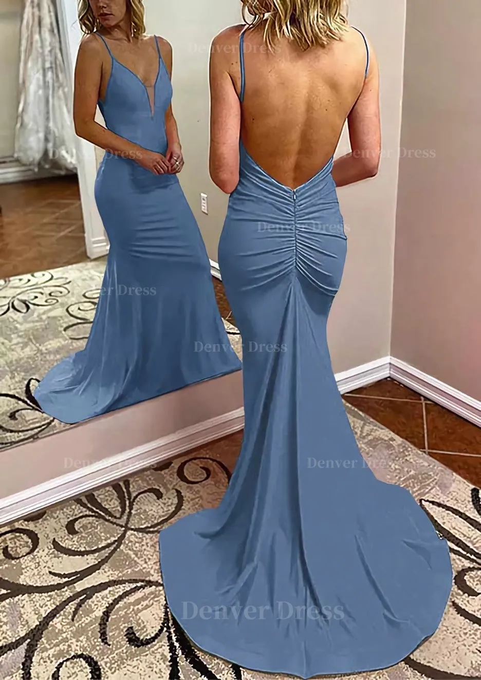 kamahe Trumpet/Mermaid V Neck Spaghetti Straps Court Train Jersey Prom Dress With Pleated