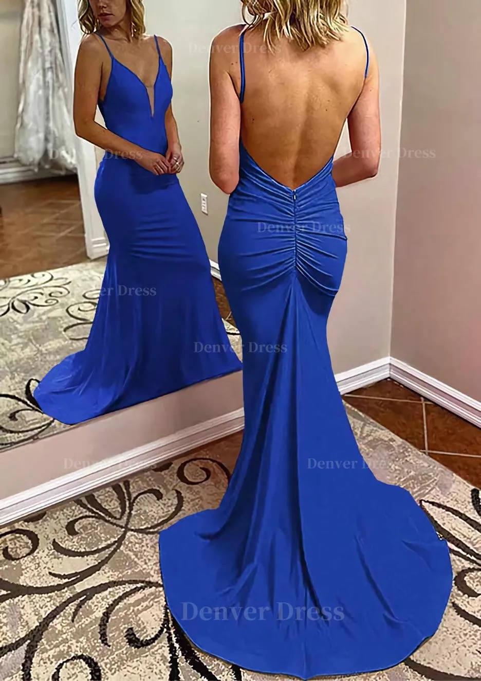 kamahe Trumpet/Mermaid V Neck Spaghetti Straps Court Train Jersey Prom Dress With Pleated