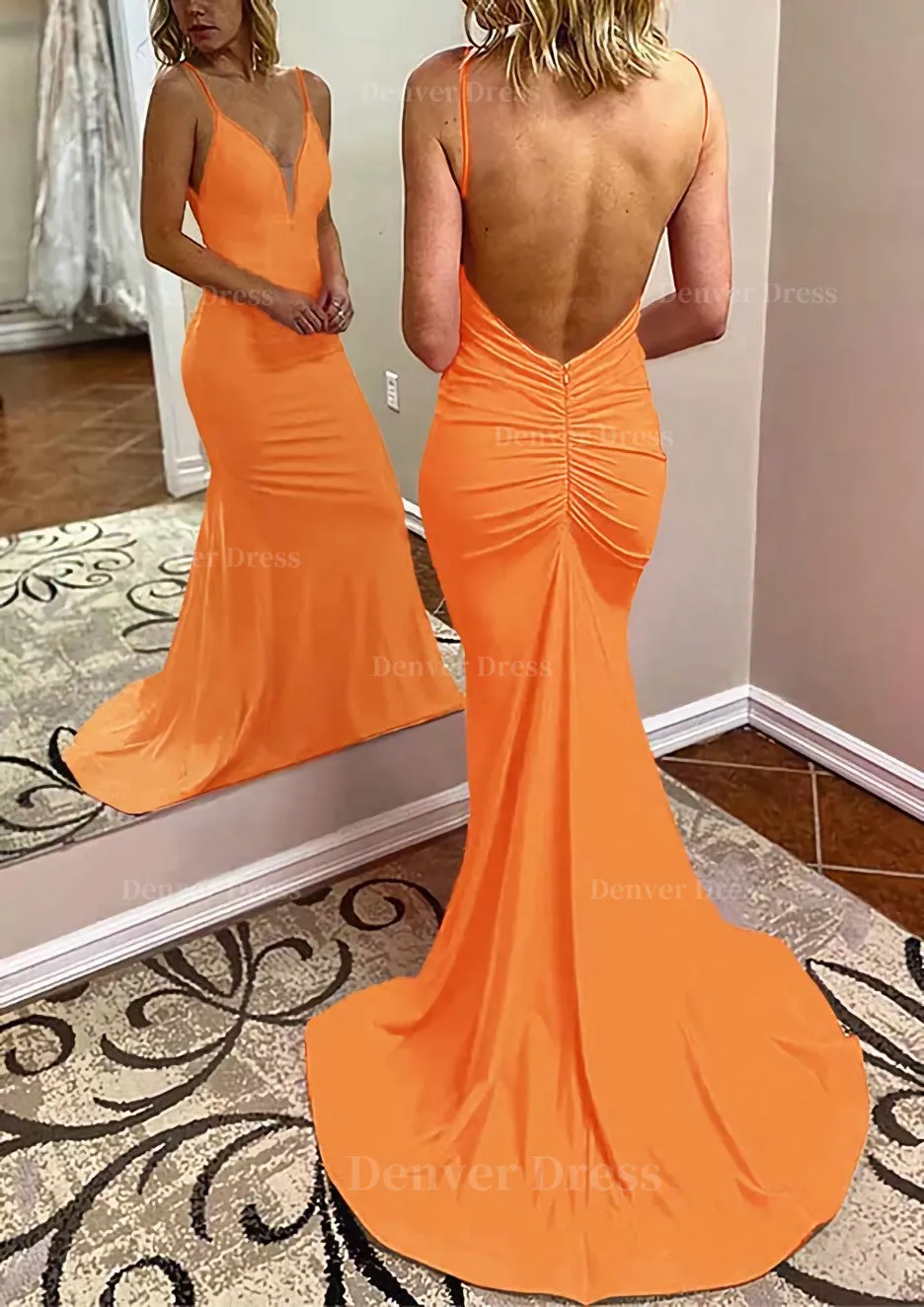 kamahe Trumpet/Mermaid V Neck Spaghetti Straps Court Train Jersey Prom Dress With Pleated