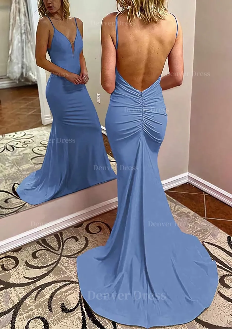 kamahe Trumpet/Mermaid V Neck Spaghetti Straps Court Train Jersey Prom Dress With Pleated