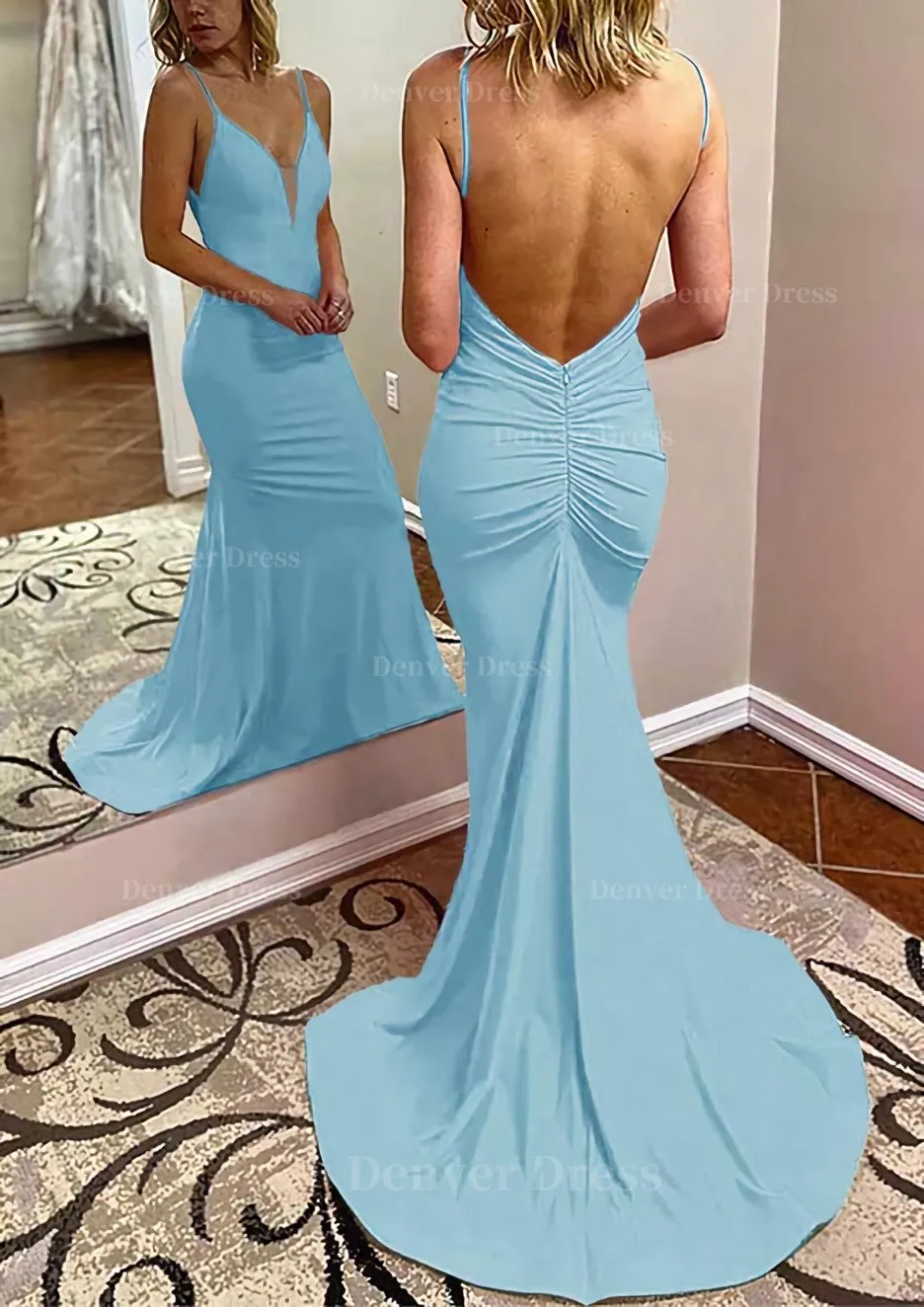 kamahe Trumpet/Mermaid V Neck Spaghetti Straps Court Train Jersey Prom Dress With Pleated