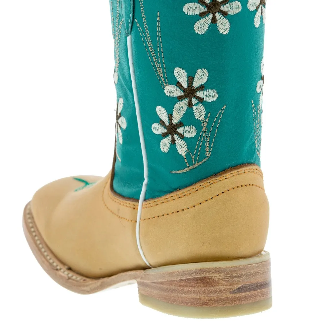 Kids Baby Blue & Buttercup Western Cowboy Boots Floral Leather - Square Toe