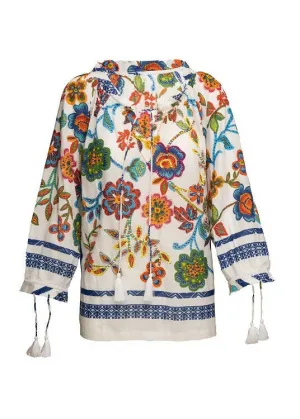 KikiSol Artisan White Embroidered Floral Short Tassel Top