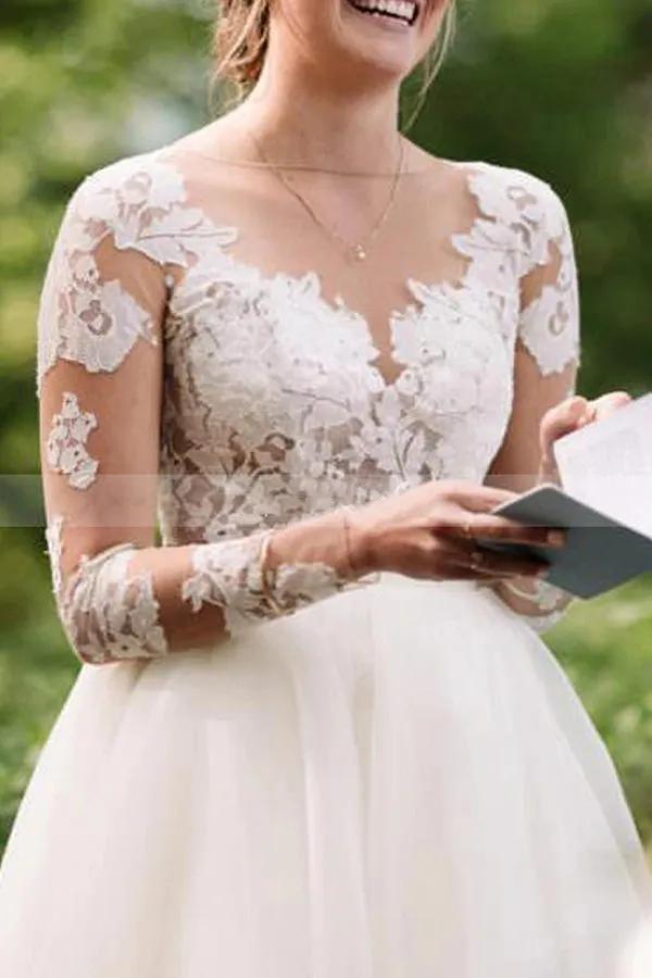 Lace Long Sleeve A-line Sheer Floor Length Wedding Dress With Tulle