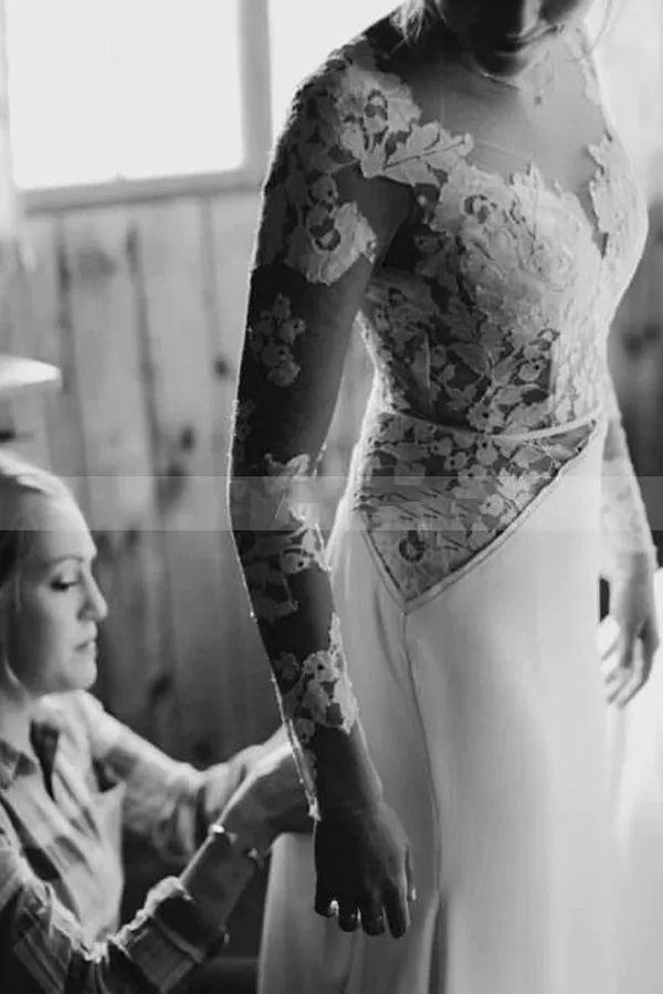 Lace Long Sleeve A-line Sheer Floor Length Wedding Dress With Tulle