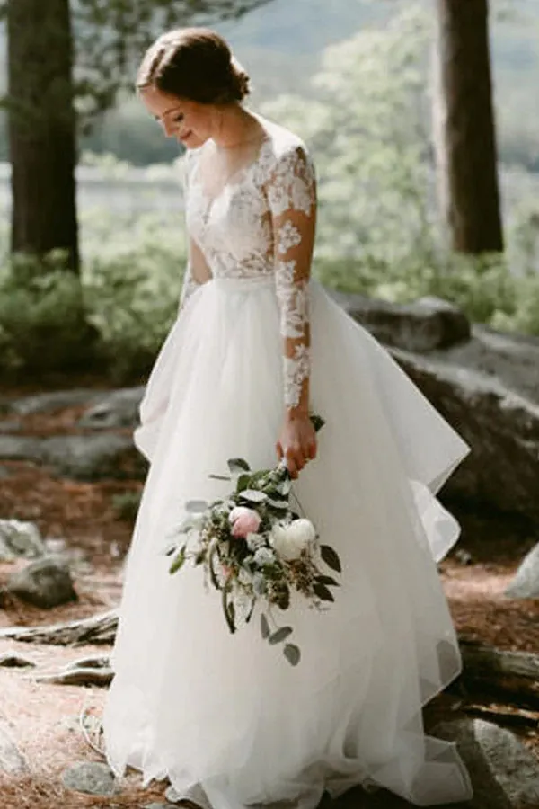 Lace Long Sleeve A-line Sheer Floor Length Wedding Dress With Tulle