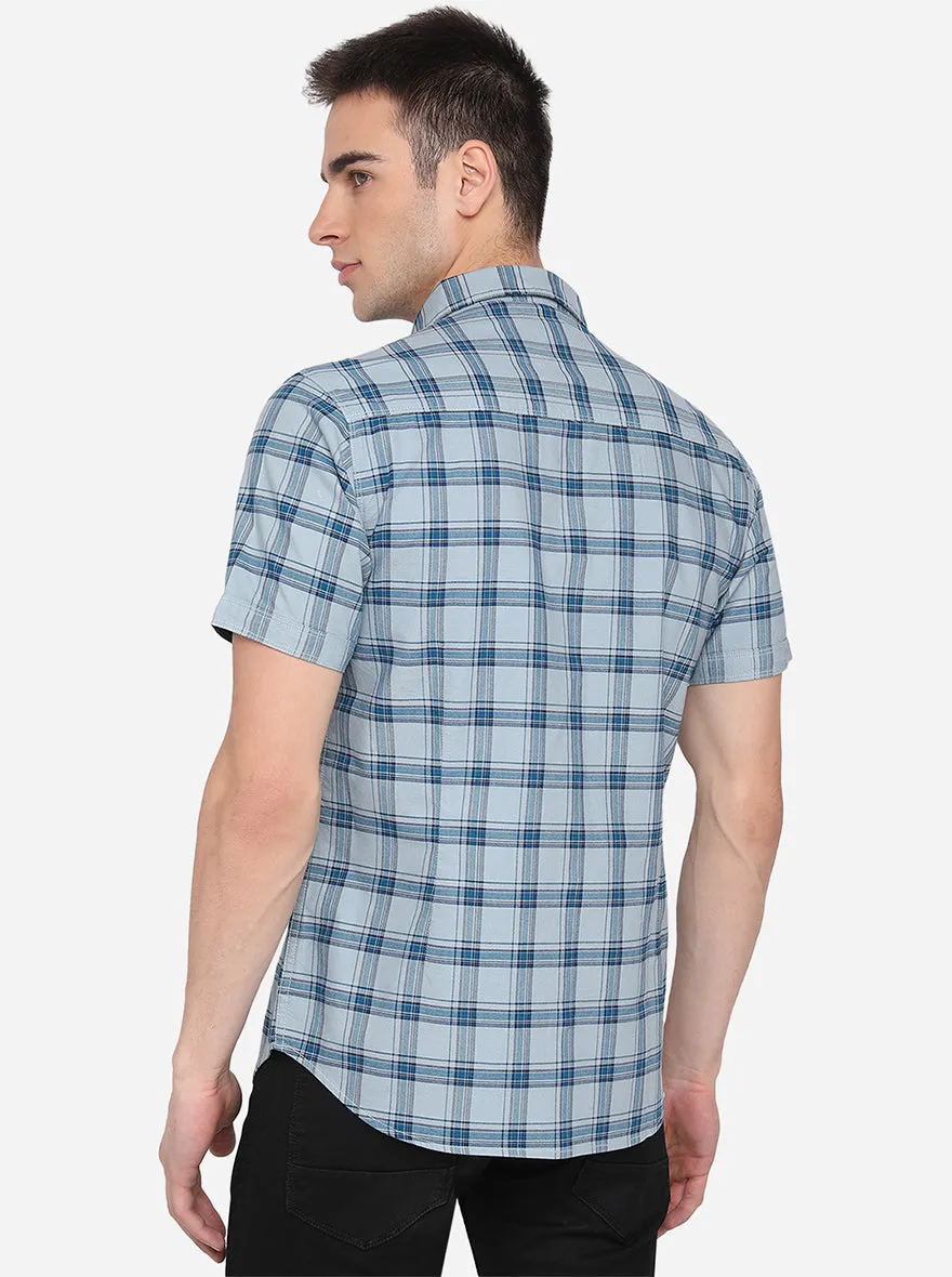 Light Blue Checked Slim Fit Casual Shirt | Greenfibre