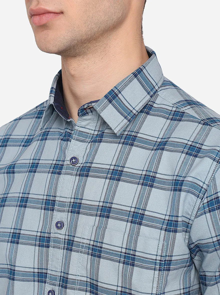 Light Blue Checked Slim Fit Casual Shirt | Greenfibre