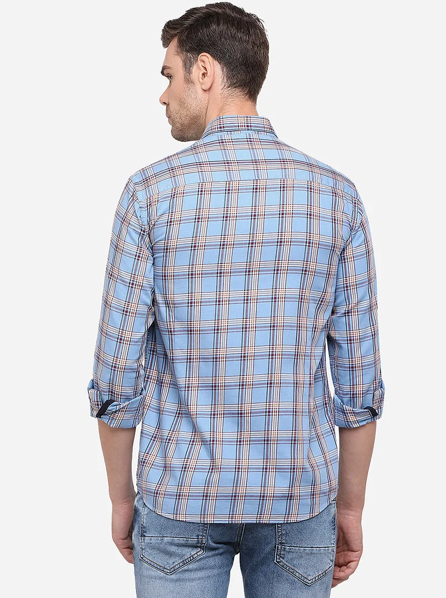 Light Blue Checked Slim Fit Semi Casual Shirt | Greenfibre