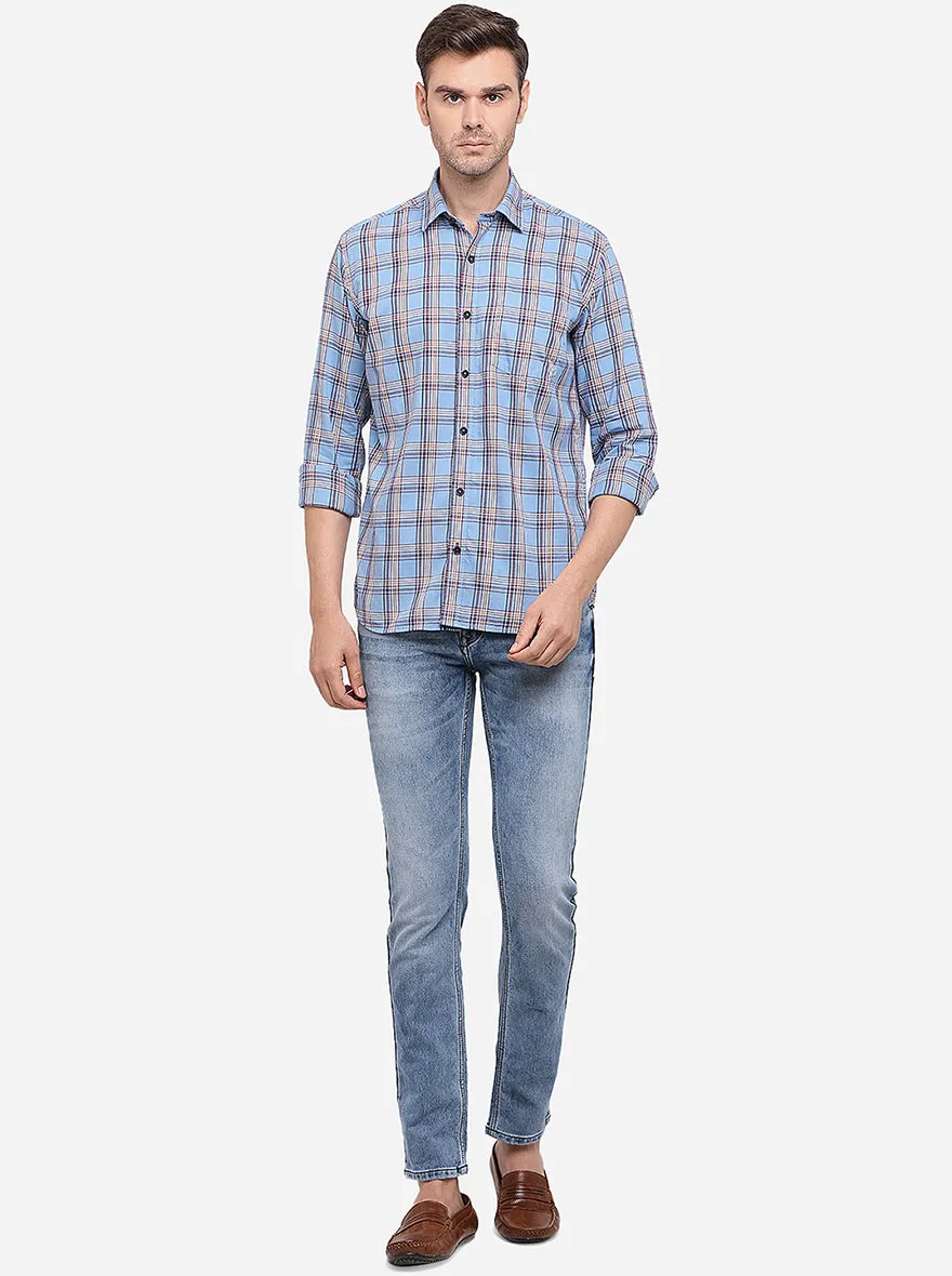 Light Blue Checked Slim Fit Semi Casual Shirt | Greenfibre